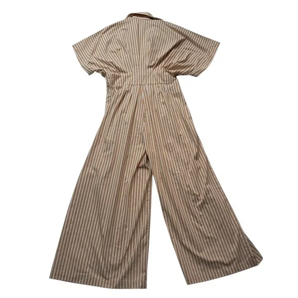 Anthropologie Exquise Danna Jumpsuit Women's Medium Camel Beige Wide Leg Striped
